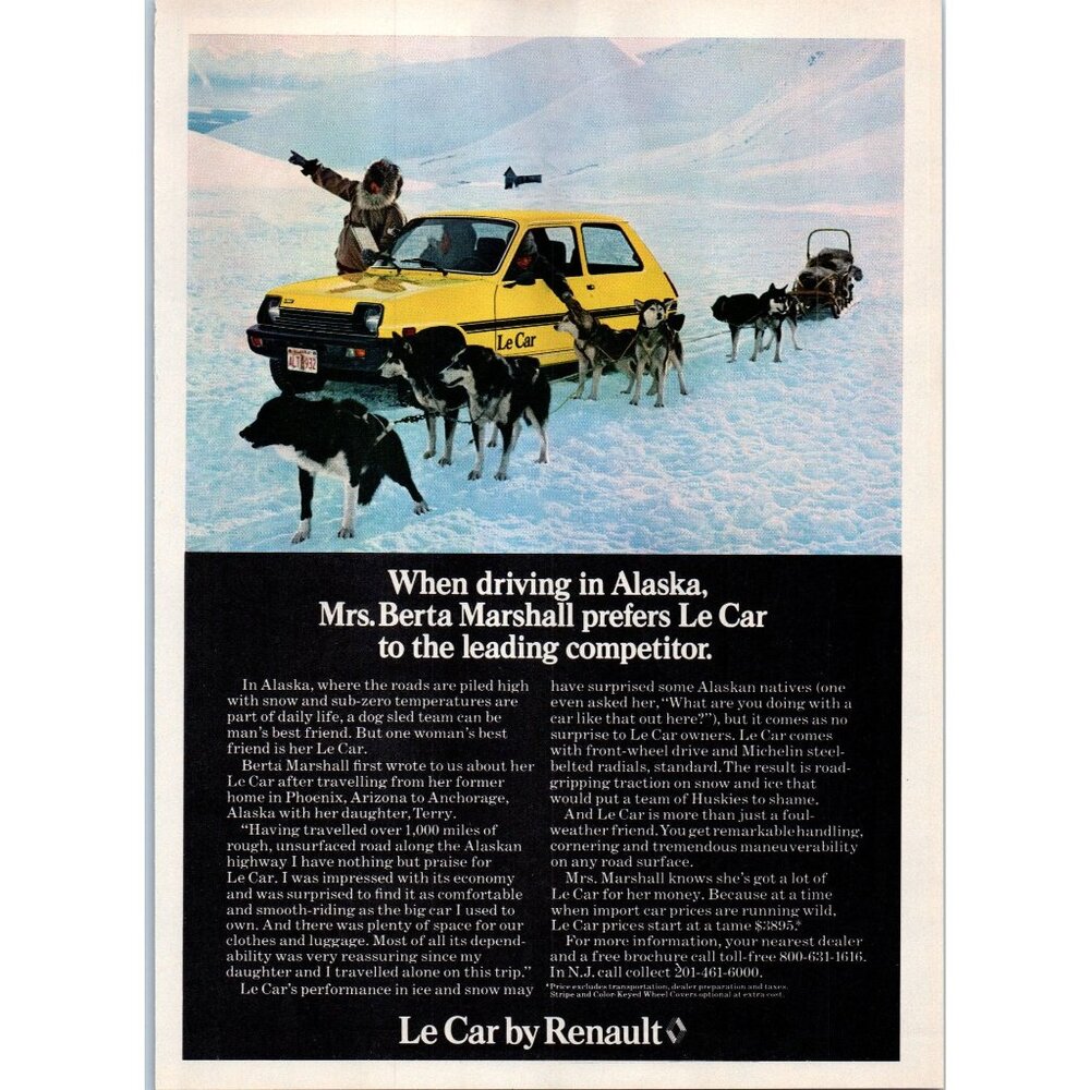 1979 Renault Le Car Hatchback Vintage Print Ad Alaska Dog Sled Sledding Wall Art
